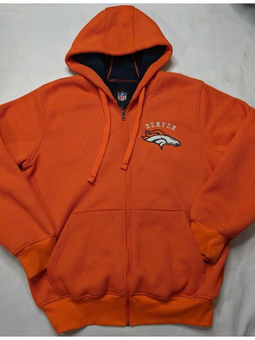 Denver Broncos Sweater Jacket Men Medium Orange NFL Team Apparel Full Zip Hoodie